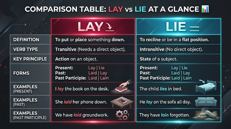 Comparison Table: "Lay" vs "Lie" at a Glance 📊